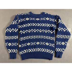 Vintage GAP Sweater Mens Medium Blue 100% Wool Fair Isle Nordic Crewneck 90s